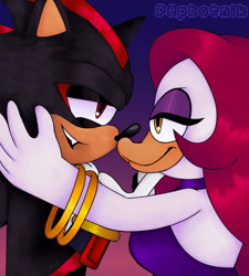 Size: 1550x1723 | Tagged: safe, artist:pepbotnik, shadow the hedgehog, oc, oc:pepita robotnik, canon x oc, gradient background, hand on another's face, hugging, looking at each other, looking at them, purple background, shipping, smile, straight