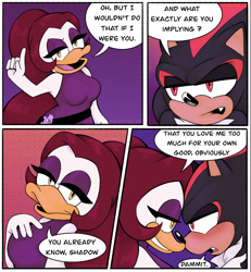 Size: 1076x1165 | Tagged: safe, artist:pepbotnik, shadow the hedgehog, oc, oc:pepita robotnik, angry, canon x oc, comic, english text, hugging, looking at each other, looking at them, panels, shipping, smile, speech bubble, straight