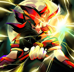 Size: 2048x1988 | Tagged: safe, artist:kuroiyuki96, shadow the hedgehog, electricity, frown, looking at viewer, moon