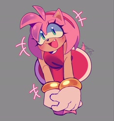 Size: 1922x2048 | Tagged: safe, artist:alimoob, amy rose, amybetes, bending over, blushing, cute, female, grey background, hands together, looking at viewer, mouth open, one fang, open smile, simple background, smile, smiling at viewer, solo, standing, wagging tail