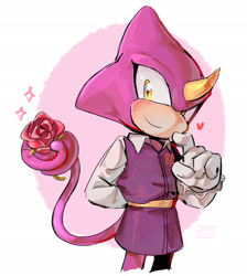 Size: 1834x2048 | Tagged: safe, artist:threedots000, espio the chameleon, the murder of sonic the hedgehog, blushing, flower, heart, looking at viewer, rose, smile, tail hold