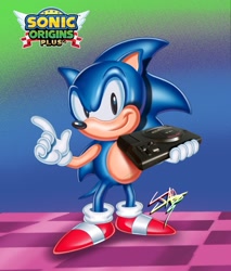 Size: 1685x1975 | Tagged: safe, artist:spindazhjx, sonic the hedgehog, sonic origins, classic sonic, gradient background, greg martin style, holding something, looking at viewer, master system, redraw, signature, smile, smiling at viewer, sonic origins plus, standing, style emulation, wagging finger