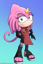 Size: 1350x2025 | Tagged: safe, artist:shadowwalk, alternate outfit, clothes, female, gradient background, hands behind back, lidded eyes, liza the chameleon, looking at viewer, smile, smiling at viewer, solo, standing