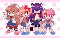 Size: 1917x1223 | Tagged: safe, artist:over_x6, cat, raccoon, barely sonic related, crossover, cute, doki doki literature club, mobianified, monika (doki-doki), natsuki (doki-doki), sayori (doki-doki), yuri (doki-doki)