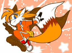 Size: 2000x1477 | Tagged: safe, artist:sassymelvin, miles "tails" prower, abstract background, clothes, concept outfit, goggles, goggles on head, looking at viewer, male, riders style, smile, sonic riders, star (symbol), style emulation, v sign