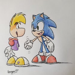 Size: 1024x1024 | Tagged: safe, artist:jur_1087, sonic the hedgehog, 2022, crossover, handshake, looking at each other, rayman, signature, smile, smiling at each other, standing, traditional media