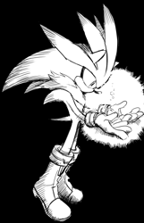 Size: 783x1216 | Tagged: dead source, safe, artist:den255, silver the hedgehog, black and white, black background, hands out, looking at something, side view, simple background, standing