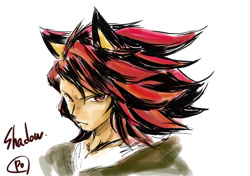 Size: 700x493 | Tagged: safe, artist:bbpopococo, shadow the hedgehog, human, 2010, bust, character name, clothes, eye clipping through hair, frown, hedgehog ears, humanized, looking at viewer, partially humanized, signature, simple background, sketch, species swap, text, white background