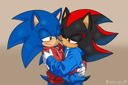 Size: 1788x1187 | Tagged: safe, artist:fennecp, shadow the hedgehog, sonic the hedgehog, 2025, blushing, gay, gradient background, hugging, shadow x sonic, shipping