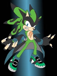 Size: 771x1036 | Tagged: safe, artist:thatblue-bolt, scourge the hedgehog, hedgehog, black fur, blue eyes, fingerless gloves, green fur, jacket, male, shoes