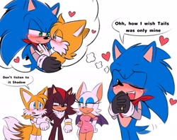 Size: 1900x1507 | Tagged: safe, artist:jhoycookie, miles "tails" prower, rouge the bat, shadow the hedgehog, sonic the hedgehog, 2025, alternate outfit, angry, bandana, blushing, dialogue, english text, eyes closed, group, heart, holding each other, jealously, shadow x tails, shipping, simple background, smile, sonic x tails, speech bubble, standing, thought bubble, wagging tail, white background