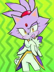 Size: 1536x2048 | Tagged: safe, artist:pinkphonepillz, blaze the cat, 2025, abstract background, blushing, hand on hip, looking at viewer, mouth open, one fang, solo, standing