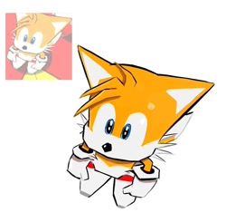 Size: 848x832 | Tagged: safe, artist:freessso, miles "tails" prower, sonic shuffle, 2025, looking up, redraw, simple background, solo, white background