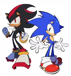 Size: 1437x1528 | Tagged: safe, artist:tuckeryart, shadow the hedgehog, sonic the hedgehog, 2025, clenched fists, duo, looking at viewer, looking offscreen, mouth open, simple background, smile, standing, white background