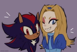 Size: 2047x1391 | Tagged: safe, artist:cha0s_error, maria robotnik, shadow the hedgehog, human, 2025, :3, beanbrows, cute, duo, looking at viewer, purple background, selfie, shadowbetes, signature, simple background, smile, standing, wink