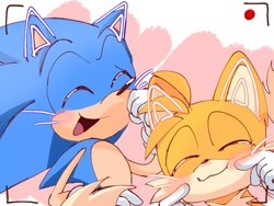 Size: 1024x768 | Tagged: safe, artist:tarumnu, miles "tails" prower, sonic the hedgehog, 2025, abstract background, blushing, cat ears, cute, duo, eyes closed, mouth open, open smile, selfie, smile, sonabetes, tailabetes, whiskers