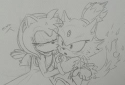 Size: 1654x1128 | Tagged: safe, artist:mumatsi, amy rose, blaze the cat, 2025, :o, amy x blaze, blushing, duo, ear fluff, eyes closed, finger under chin, fire, kiss on cheek, lesbian, line art, monochrome, mouth open, mwah, pencilwork, sfx, shipping, sketch, standing, surprised, traditional media