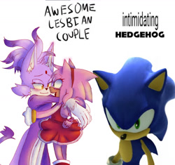 Size: 1331x1250 | Tagged: safe, artist:princyvish, amy rose, blaze the cat, sonic the hedgehog, 2025, 3d, amy x blaze, awesome lesbian couple vs x, cute, ear fluff, english text, holding each other, lesbian, looking at each other, meme, shipping, simple background, smile, trio, white background