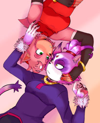 Size: 1673x2048 | Tagged: safe, artist:onamitaro, amy rose, blaze the cat, 2025, alternate version, amy x blaze, blushing, clenched teeth, duo, fingerless gloves, gradient background, hand on another's face, hand on face, lesbian, looking at each other, lying down, shipping, upside down