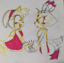 Size: 2048x2007 | Tagged: safe, artist:wikihowhowtoexist, amy rose, blaze the cat, 2025, amy x blaze, amybetes, blazebetes, blushing, cute, duo, eyes closed, holding hands, lesbian, looking at them, monochrome, mouth open, one fang, shipping, smile, standing, traditional media, wagging tail