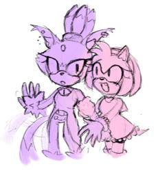 Size: 791x861 | Tagged: safe, artist:wikihowhowtoexist, amy rose, blaze the cat, 2025, amy x blaze, amybetes, blazebetes, blushing, cute, duo, holding arm, lesbian, looking at each other, monochrome, mouth open, one fang, shipping, simple background, smile, standing, white background