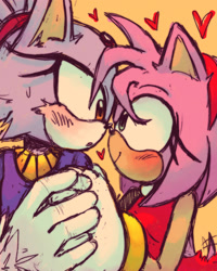 Size: 2000x2500 | Tagged: safe, artist:ink--theory, amy rose, blaze the cat, 2025, amy x blaze, amybetes, blazebetes, blushing, cute, duo, heart, holding hands, lesbian, looking at each other, mouth open, shipping, simple background, smile, yellow background