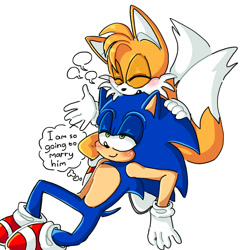 Size: 2000x2000 | Tagged: safe, artist:ilovetails, artist:insaneaboutthislittlefox, miles "tails" prower, sonic the hedgehog, 2025, blushing, cute, duo, english text, eyes closed, gay, looking at them, mouth open, on head, shipping, simple background, sitting, smile, sonabetes, sonic x tails, tailabetes, thought bubble, white background