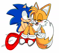 Size: 1836x1633 | Tagged: safe, artist:ilovetails, artist:insaneaboutthislittlefox, miles "tails" prower, sonic the hedgehog, 2025, blushing, carrying them, cute, duo, eyes closed, gay, mouth open, one fang, running, shipping, smile, sonabetes, sonic x tails, tailabetes