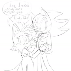 Size: 1627x1621 | Tagged: safe, artist:ilovetails, artist:insaneaboutthislittlefox, miles "tails" prower, shadow the hedgehog, 2025, bisexual, cute, dancing, dialogue, dress, duo, eyelashes, femboy, frown, gay, holding hands, implied infidelity, implied rouge, implied shadouge, implied shipping, looking back, looking offscreen, mouth open, offscreen character, shadow x tails, shadowbetes, shipping, sketch, speech bubble, standing, suit, tailabetes