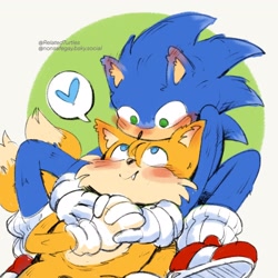 Size: 2048x2048 | Tagged: safe, artist:nonsafegay, miles "tails" prower, sonic the hedgehog, sonic the hedgehog 2 (2022), 2025, abstract background, blushing, blushing ears, cute, duo, ear fluff, gay, heart, holding hands, looking at each other, lying down, one fang, shipping, signature, sitting, smile, sonabetes, sonic x tails, tailabetes