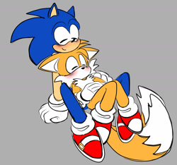 Size: 1639x1532 | Tagged: safe, artist:ilovetails, artist:insaneaboutthislittlefox, miles "tails" prower, sonic the hedgehog, 2025, blushing, cute, duo, eyes closed, flat colors, gay, grey background, leaning on them, lying down, relaxing, shipping, simple background, smile, sonabetes, sonic x tails, tailabetes