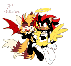 Size: 2048x1908 | Tagged: safe, artist:shadails, miles "tails" prower, shadow the hedgehog, 2024, angel, angel wings, blushing, devil, devil horns, devil wings, dress, duo, ear fluff, gay, halo, looking at each other, shadow x tails, shipping, simple background, sparkles, transparent background