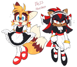 Size: 1786x1566 | Tagged: safe, artist:shadails, miles "tails" prower, shadow the hedgehog, 2024, blushing, duo, femboy, frown, gay, looking at viewer, maid outfit, mouth open, shadow x tails, shipping, simple background, smile, sweatdrop, transparent background