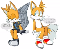 Size: 2048x1692 | Tagged: safe, artist:ilovetails, artist:insaneaboutthislittlefox, miles "tails" prower, nine, sonic the hedgehog, sonic prime, 2025, duo, english text, frown, gay, lidded eyes, looking at them, looking away, looking offscreen, nine x tails, self paradox, selfcest, shipping, sitting, sketch, tails, tails x tails, thought bubble