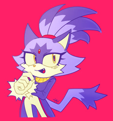 Size: 1452x1566 | Tagged: safe, artist:son1c, blaze the cat, 2025, looking offscreen, mouth open, pink background, pink nose, signature, simple background, smile, solo, standing