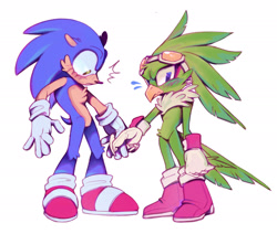 Size: 2048x1740 | Tagged: safe, artist:milk-bat, jet the hawk, sonic the hedgehog, 2025, blushing, chest fluff, duo, frown, gay, holding hands, jet x sonic, mouth open, shipping, simple background, standing, surprised, white background