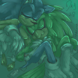 Size: 2048x2048 | Tagged: safe, artist:takosa, jet the hawk, sonic the hedgehog, 2024, abstract background, blushing, cute, duo, eyes closed, gay, headphones, inktober, jet x sonic, shipping, signature, smile, top surgery scars, trans male, transgender