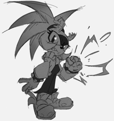 Size: 990x1052 | Tagged: safe, artist:eltravinjo, surge the tenrec, 2025, clenched fist, clenched teeth, electricity, frown, greyscale, looking at viewer, monochrome, simple background, solo, standing, white background