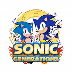 Size: 2048x2048 | Tagged: safe, artist:mercadex_8, sonic the hedgehog, 2025, classic sonic, duo, looking at viewer, modern sonic, pointing, redraw, self paradox, simple background, smile, sonic generations, star (symbol), title screen, white background