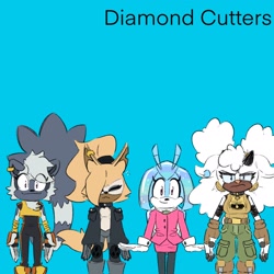 Size: 2048x2048 | Tagged: safe, artist:yesioarts, jewel the beetle, lanolin the sheep, tangle the lemur, whisper the wolf, 2024, blue background, diamond cutters, english text, eye clipping through hair, eyes closed, frown, group, looking at viewer, simple background, smile, standing