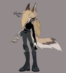 Size: 1574x1718 | Tagged: safe, artist:foxdrows, whisper the wolf, 2024, alternate version, beige background, character name, looking offscreen, redesign, simple background, solo, standing