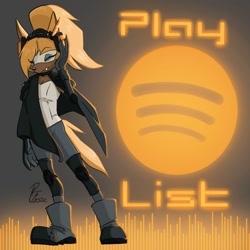 Size: 1000x1000 | Tagged: safe, artist:ridleynemrick, whisper the wolf, 2021, eyes closed, grey background, headphones, one fang, simple background, smile, solo, spotify, standing