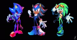 Size: 2048x1074 | Tagged: safe, artist:yukisonic329, metal sonic, scourge the hedgehog, shadow the hedgehog, 2025, black background, black sclera, looking at viewer, robot, simple background, standing, trio