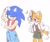 Size: 1200x1000 | Tagged: safe, artist:soguri1110, miles "tails" prower, sonic the hedgehog, 2025, age difference, blushing, duo, flexing, gender swap, heart tail, lesbian, looking at them, mouth open, shipping, simple background, sonic x tails, sparkles, standing, white background