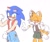 Size: 1200x1000 | Tagged: safe, artist:soguri1110, miles "tails" prower, sonic the hedgehog, 2025, age difference, blushing, blushing ears, cute, duo, eyes closed, flexing, gender swap, heart tail, lesbian, looking at them, shipping, simple background, smile, sonic x tails, standing, tailabetes, thumbs up, white background