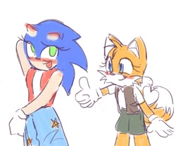 Size: 1200x1000 | Tagged: safe, artist:soguri1110, miles "tails" prower, sonic the hedgehog, 2025, duo, gender swap, hand behind head, heart tail, lesbian, looking at them, looking up, mouth open, shipping, simple background, smile, sonic x tails, standing, thumbs up, white background