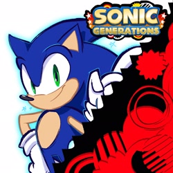 Size: 2048x2048 | Tagged: safe, artist:mercadex_8, sonic the hedgehog, 2025, abstract background, looking at viewer, pointing, smile, solo, sonic generations