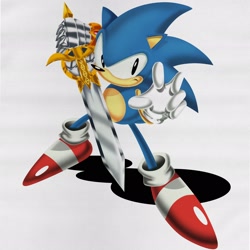 Size: 2048x2048 | Tagged: safe, artist:breadburne86414, sonic the hedgehog, sonic and the black knight, 2025, classic sonic, classic style, grey background, holding something, looking at viewer, redraw, shadow (lighting), simple background, solo, sword