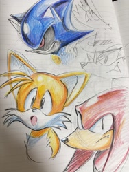 Size: 1536x2048 | Tagged: safe, artist:5d_yk5302, knuckles the echidna, metal sonic, miles "tails" prower, nack the weasel, 2025, black sclera, classic knuckles, classic tails, cute, frown, group, pencilwork, robot, sketch, smile, tailabetes, traditional media