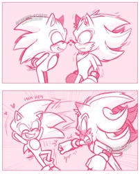 Size: 1651x2048 | Tagged: safe, artist:sakura_rose12, shadow the hedgehog, sonic the hedgehog, 2025, blushing, blushing ears, boop, comic, cute, duo, embarrassed, frown, gay, laughing, monochrome, nose boop, pink, pink background, punching, shadow x sonic, shipping, signature, simple background, smile, standing